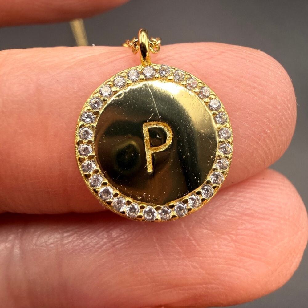 925 Sterling Silver Gold Vermeil Initial P Necklace CZ Halo Round Disc Pendant